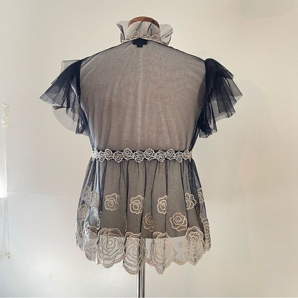 Anna Sui black Mesh embroidered ruffle top size 8 preowned RARE cottagecore - Picture 7 of 9